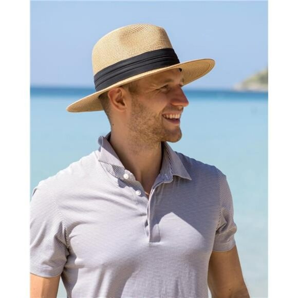 Panama straw sun hat wide brim fedora beach hat UV protection summer travel - Picture 5 of 7